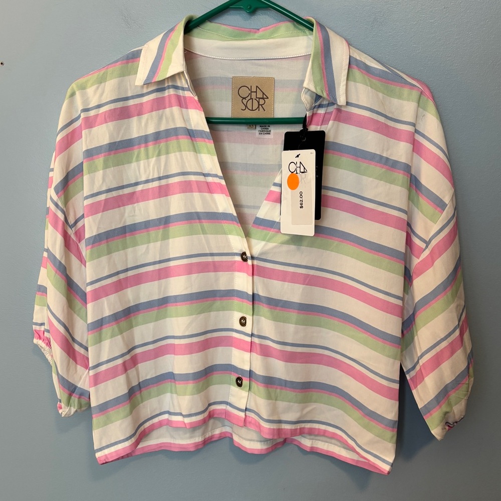 NWT Chasor cropped button down striped blouse sleeve sz XS